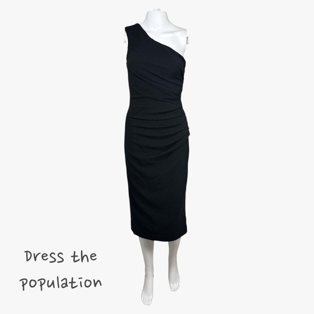Dress The Population Women's One Shoulder Bodycon Midi Black Dress Sz XS
